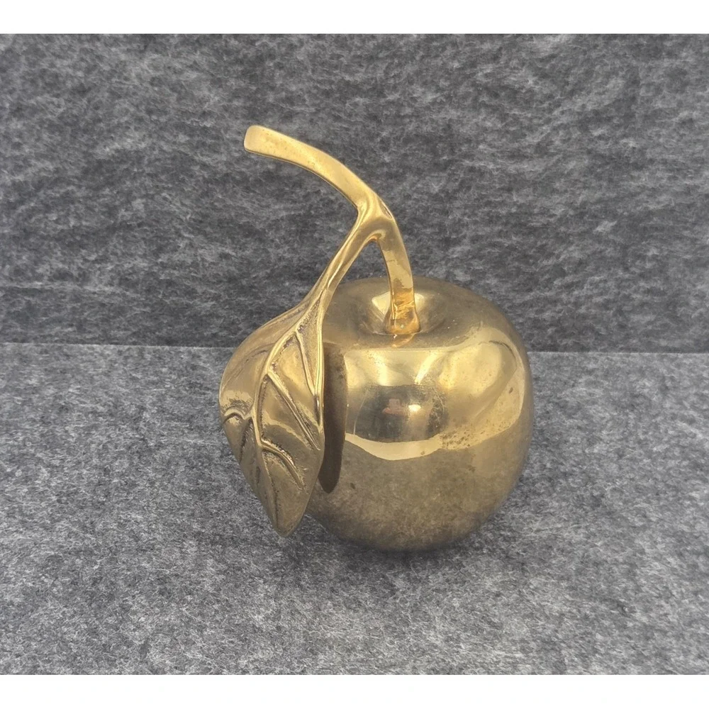 Vintage Brass Apple Bell Paper Weight Solid w/ Clapper Stem & Leaf Small Teacher